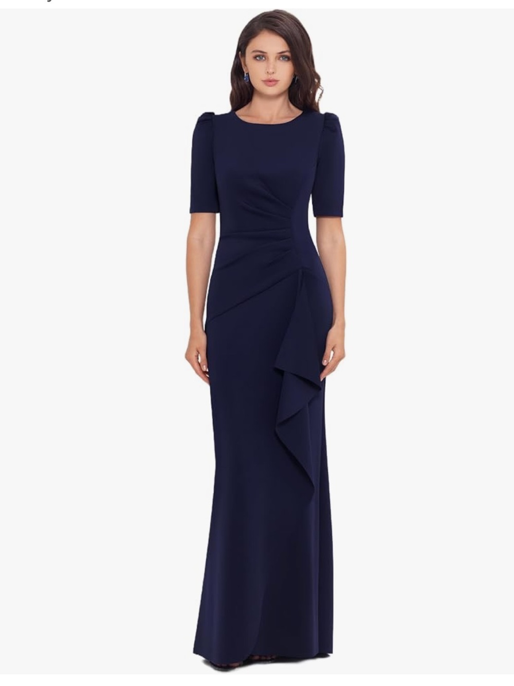 XSCAPE Women's 3/4 Sleeve Long Scuba Dress with Side Ruching